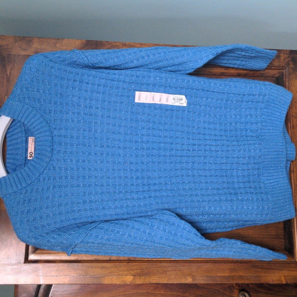 SO Blue Sweater. New With Tags.  Sustainable.  Unisex, 20x26" Long , Crew Neck